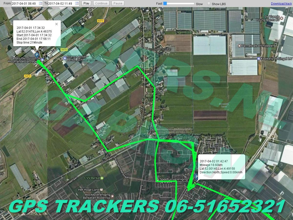 GAPRS   gebruiksklare magnetische gpstracker satellietview kaart  met stopplekken