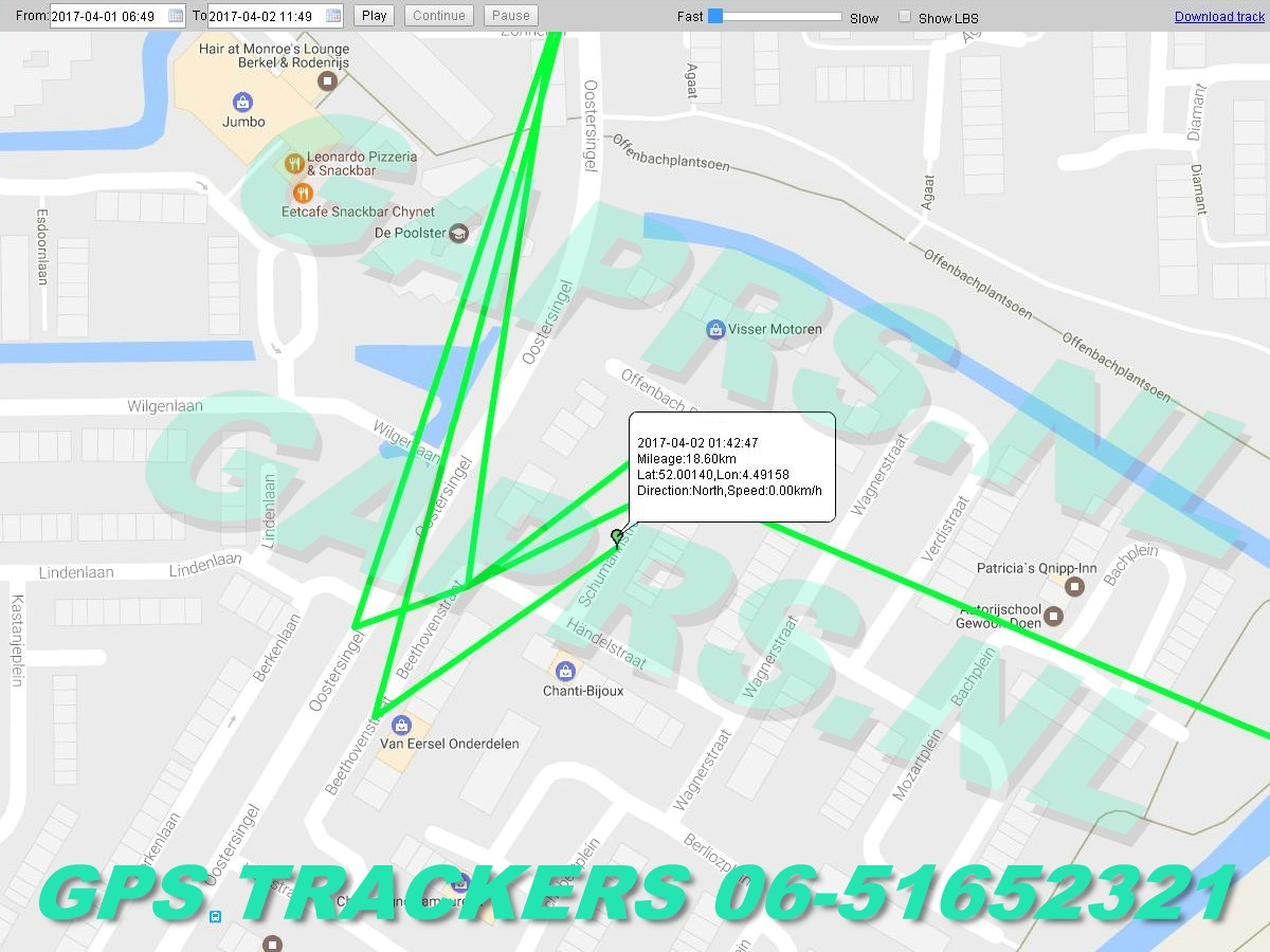 GAPRS   gebruiksklare magnetische gps tracker voor aanhanger  kaart  ingezoomd tot op straatnamen,  met stopplekken
